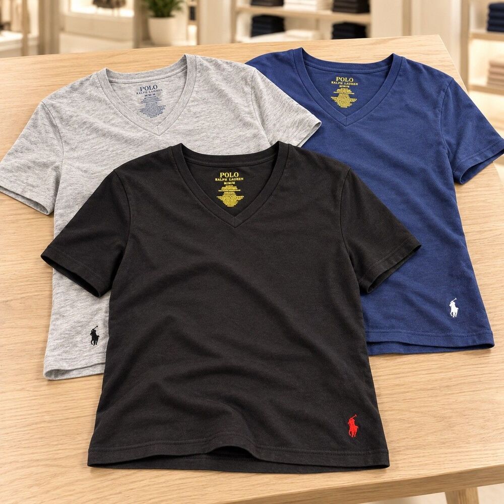 Polo Ralph Lauren Lot Of 3 Black Gray Navy Slim Fit Cotton V-Neck T-Shirt Sz Med